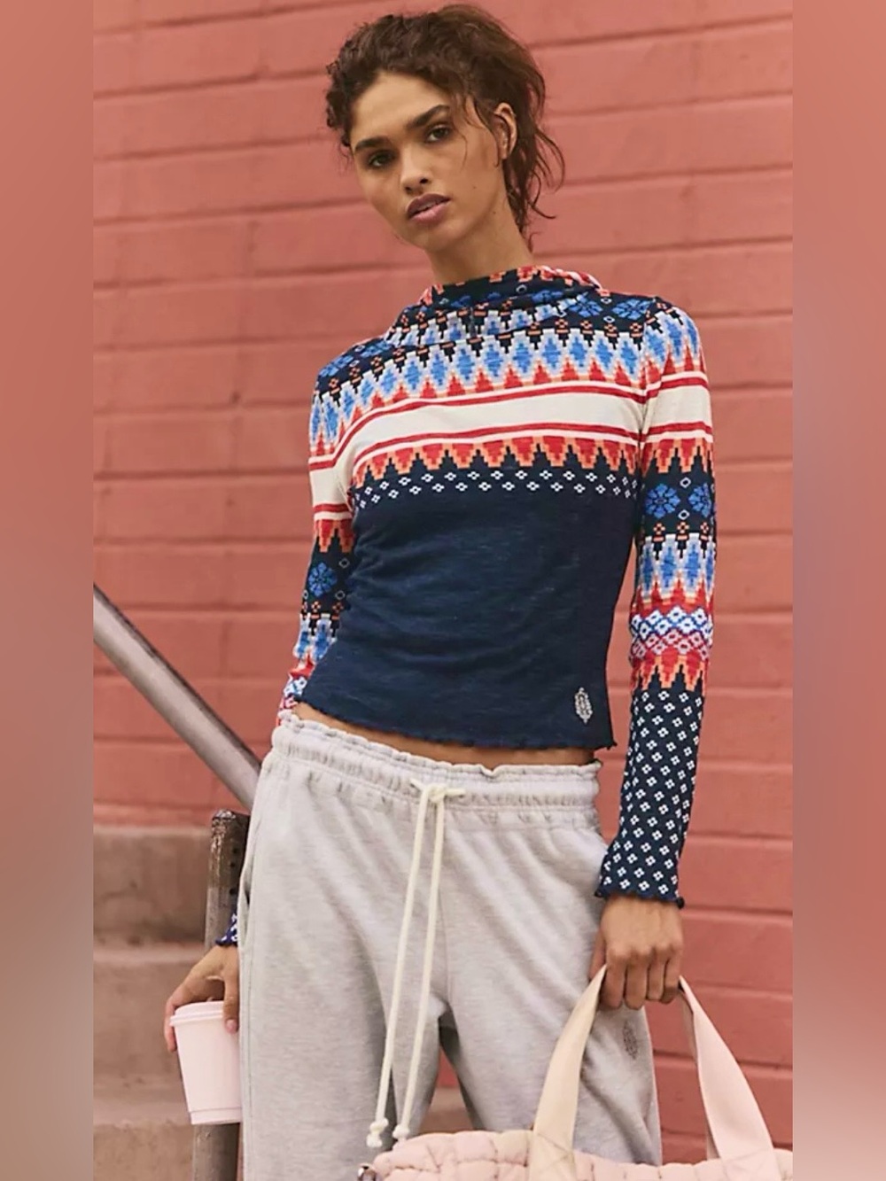NWT FREE PEOPLE MOVEMENT BREATHE EASY HOODED LAYER TOP PLAID FAIRISLE NAVY